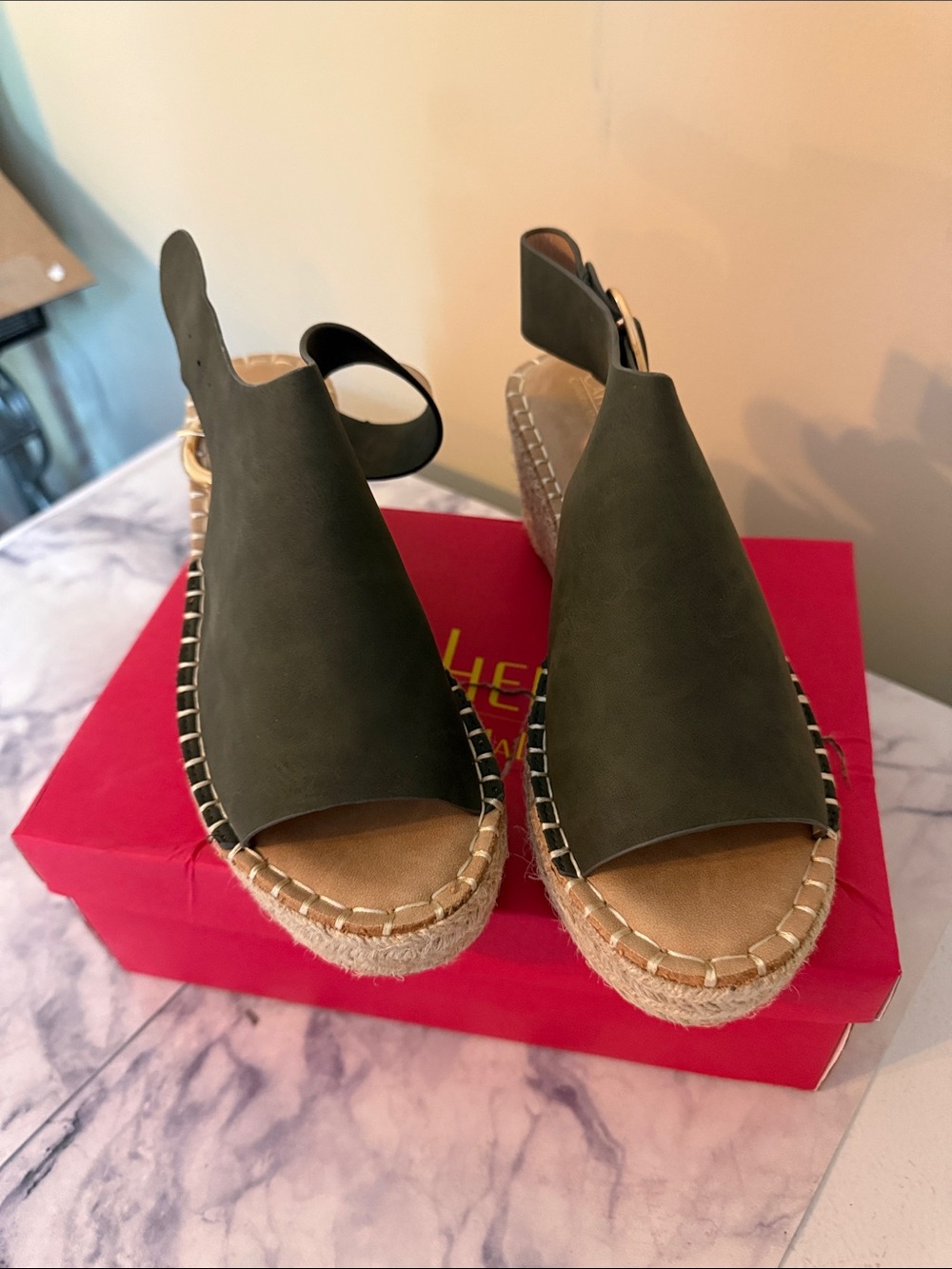 Catherine Malandrino Olive Green Open-Toe Espadrille Sandals with Gold Buckle - Picture 6 of 6